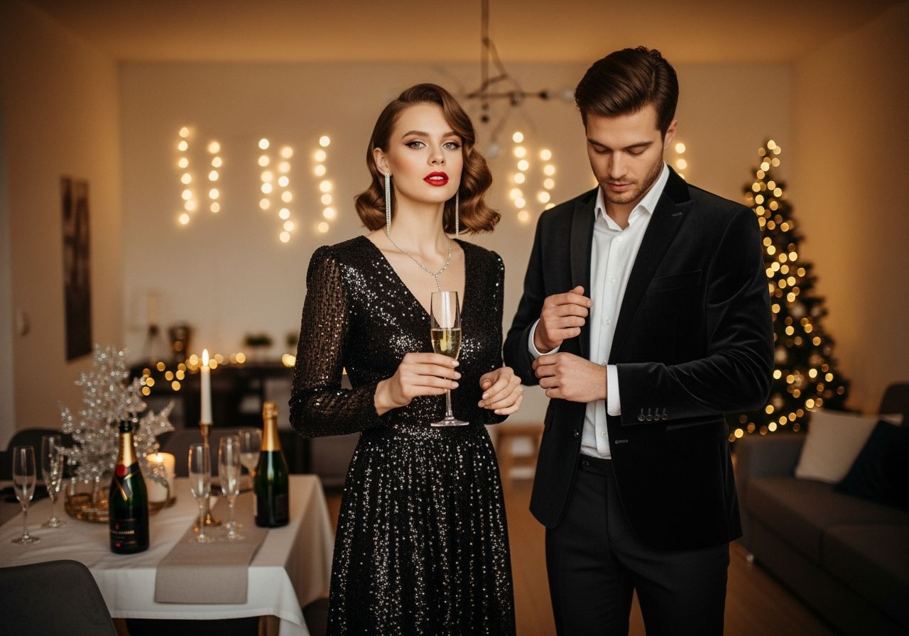 Príprava na silvestrovskú oslavu s dekoráciami, jedlom a nápojmi na stole