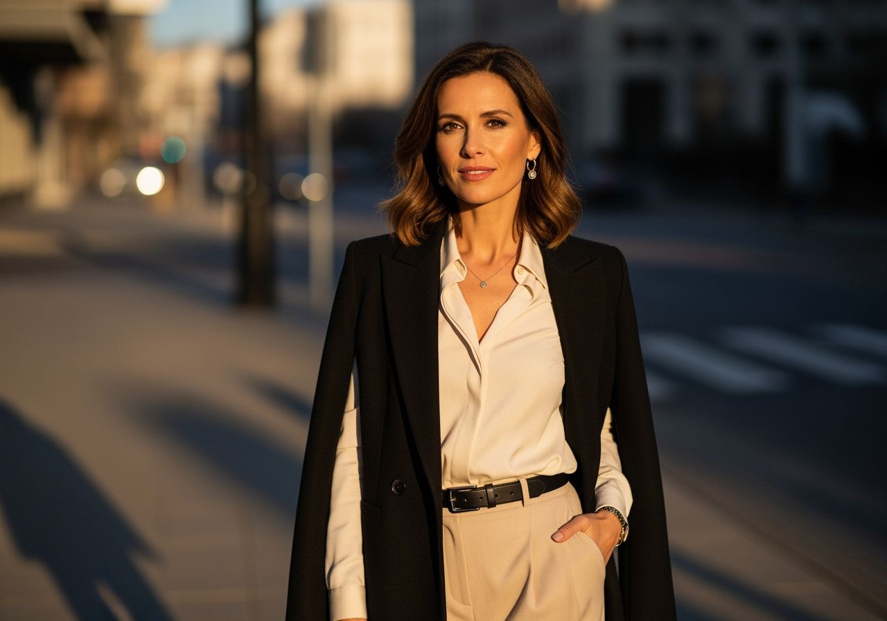 žena v mestskom štýle oblečenia s modernými doplnkami pri prechádzke v meste