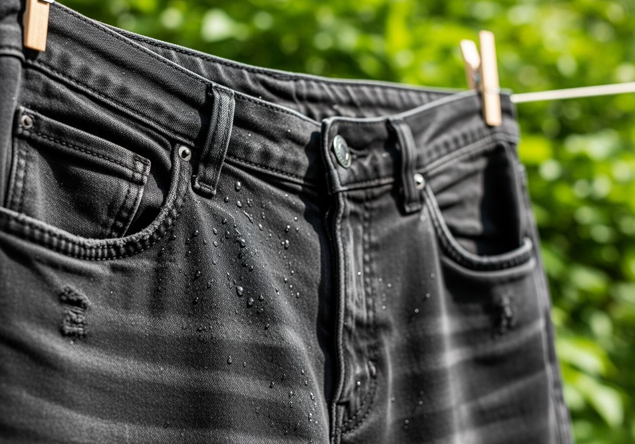 Čierne džínsy položené na vode obklopené listami.