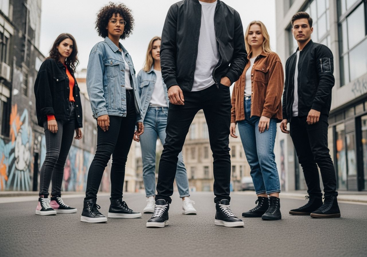 Ľudia kráčajú po ulici v meste v bežných topánkach.