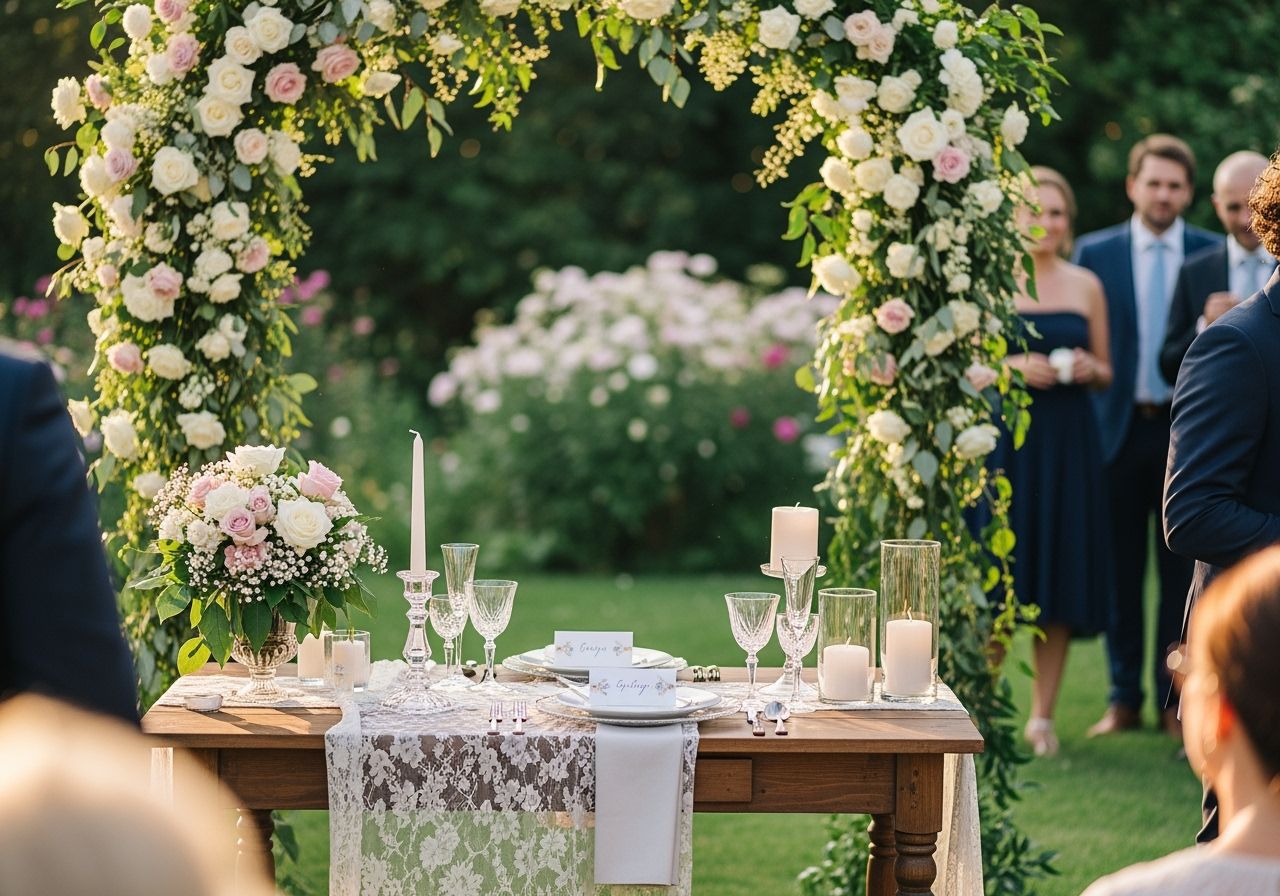 Svadobný stôl v záhrade pripravený na svadobnú hostinu pod oblúkom