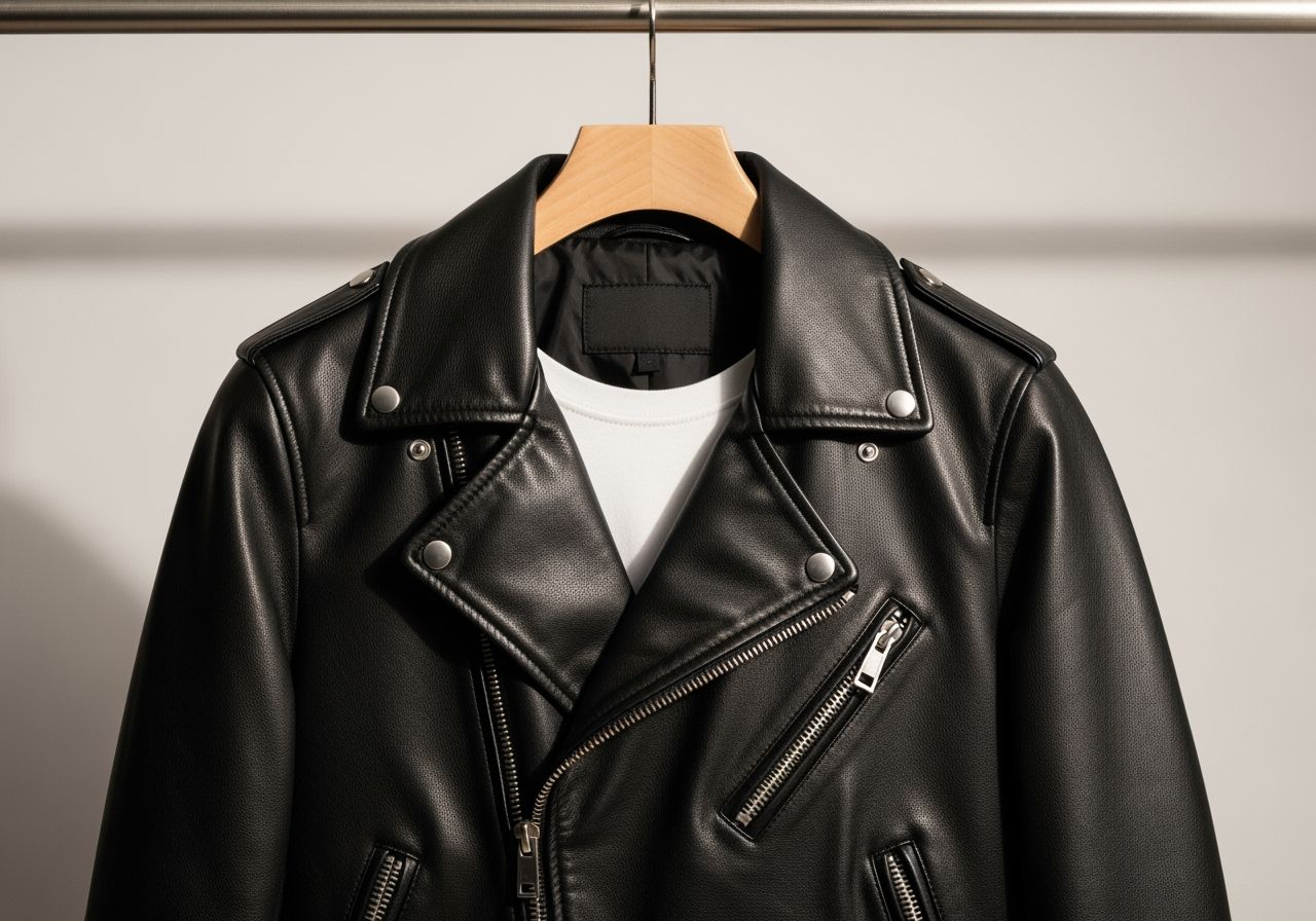 Kožená motorkárska bunda na bielom pozadí v štýle motocyklu