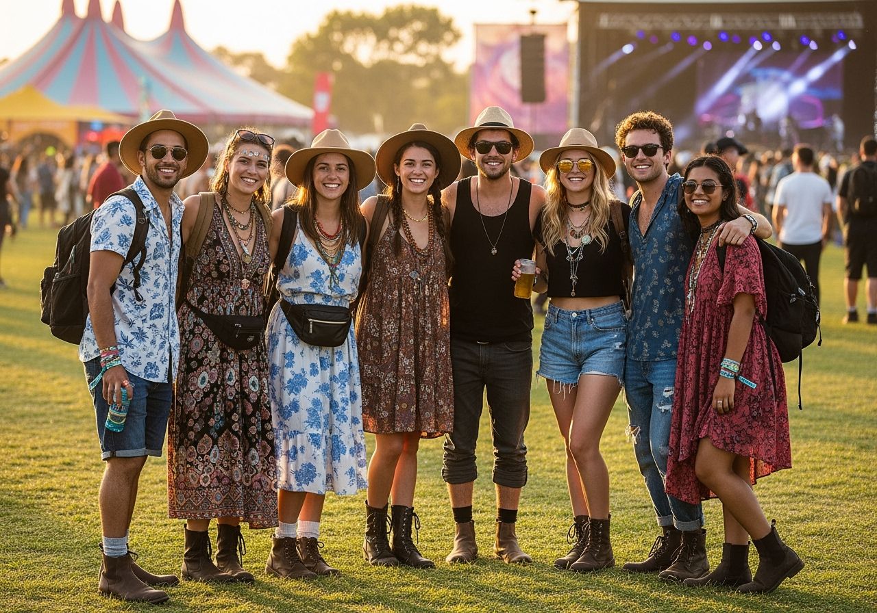 Mladí ľudia na festivale v prírode počas dňa so stánkami a hudobnou scénou