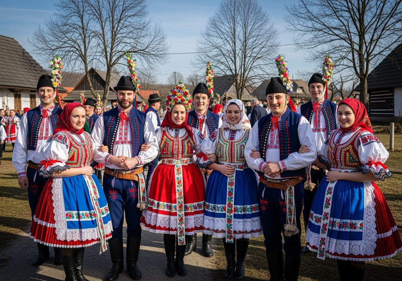 Fašiangové tradičné masky a ľudové kostýmy na folklórnej slávnosti