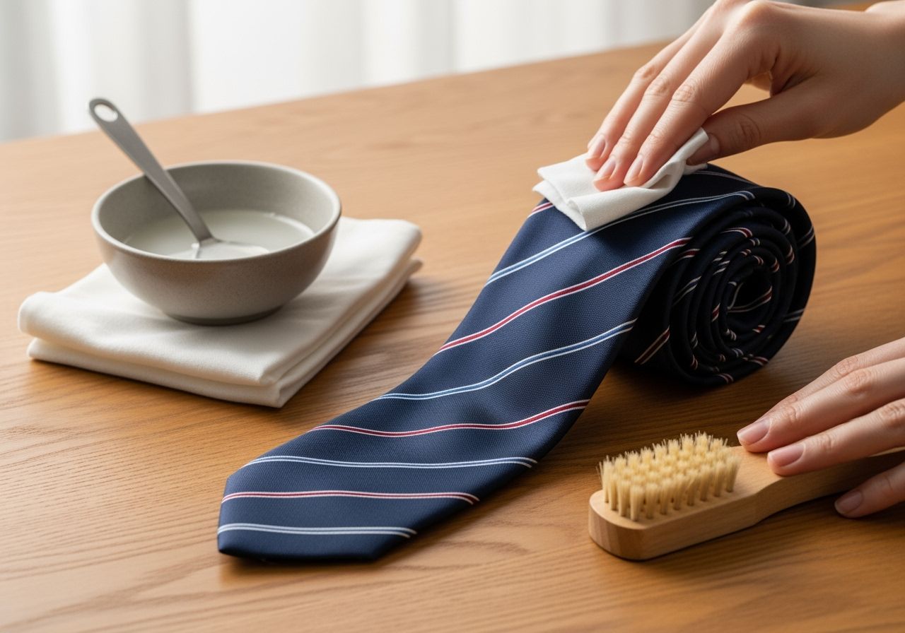 Čistenie kravaty položené na drevenom povrchu.