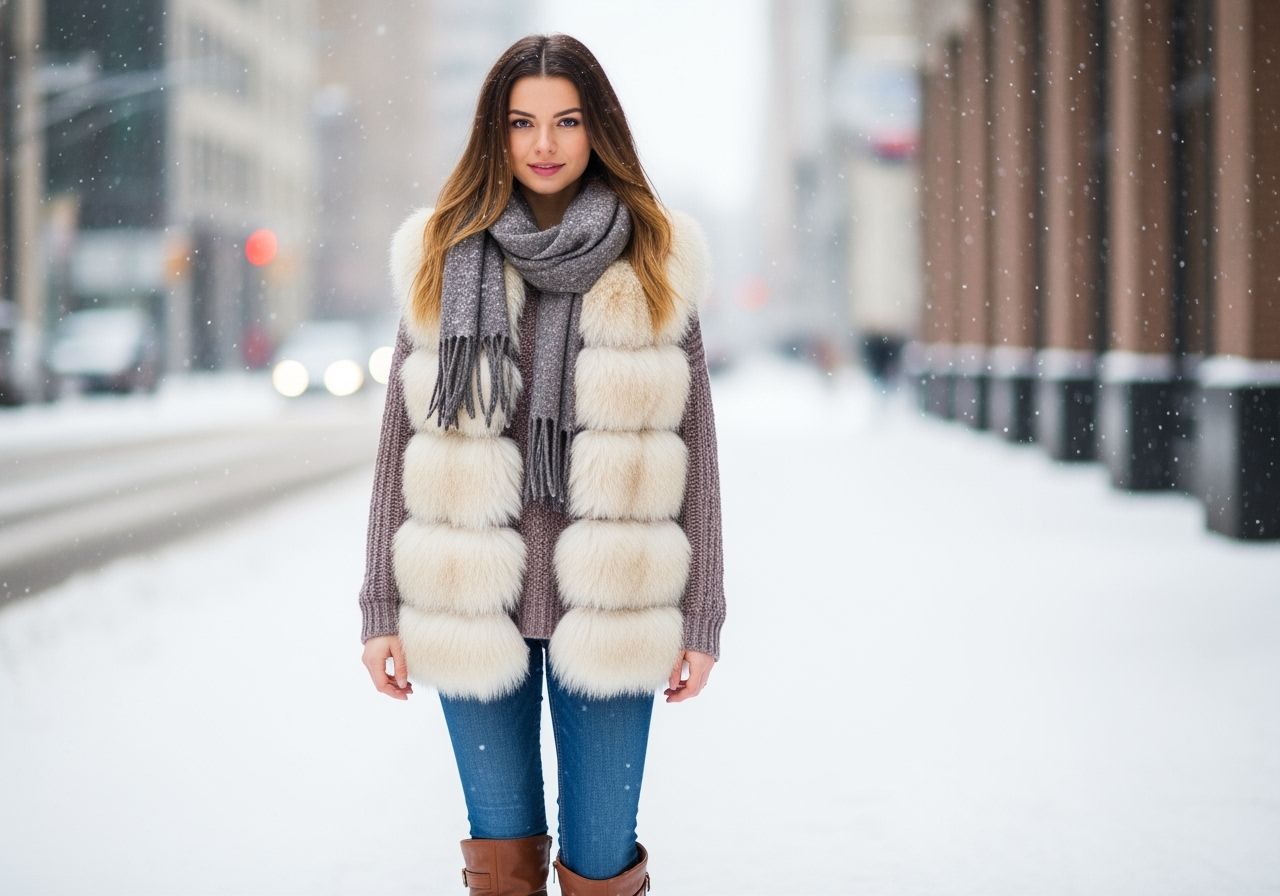 žena v zimnom meste oblečená do zimnej módy pre mestský štýl