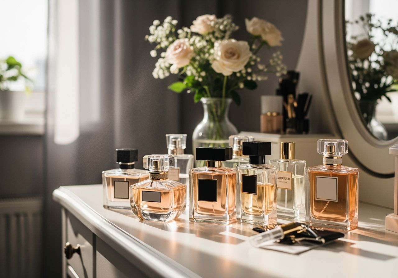 žena s parfumom a kvetom v jemnom vánku