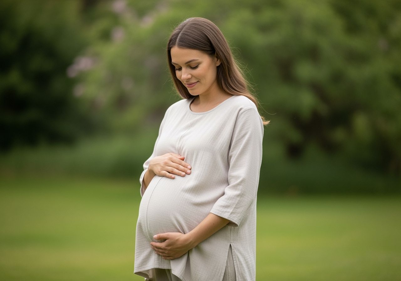 Tehotná žena stojaca v záhrade pri pokuse s rastlinami.
