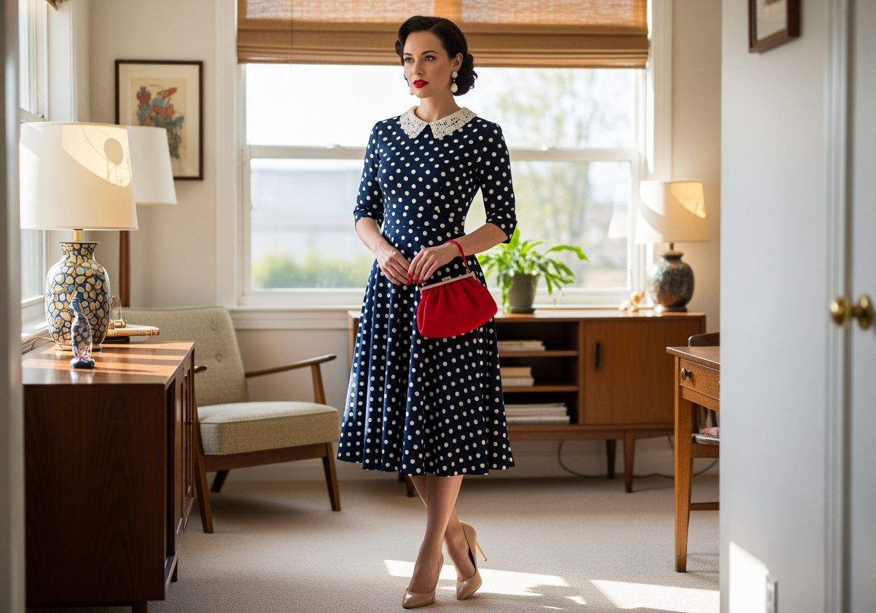 retro žena v modrých šatách s bodkami