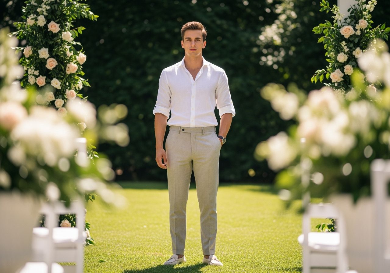 muž v elegantnom oblečení stojaci v záhrade počas sviatočného dňa