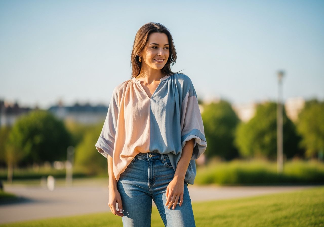 mladá žena stojaca medzi mestom a prírodou v kontrastnom prostredí