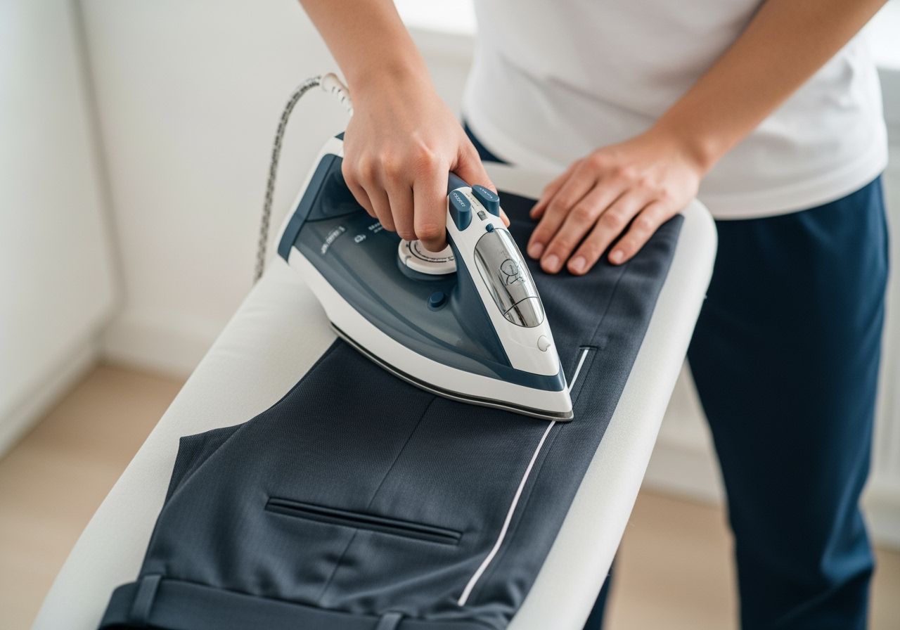 Osoba žehli skladané nohavice na žehliacej doske s parným žehličkom v útulnej práčovni.