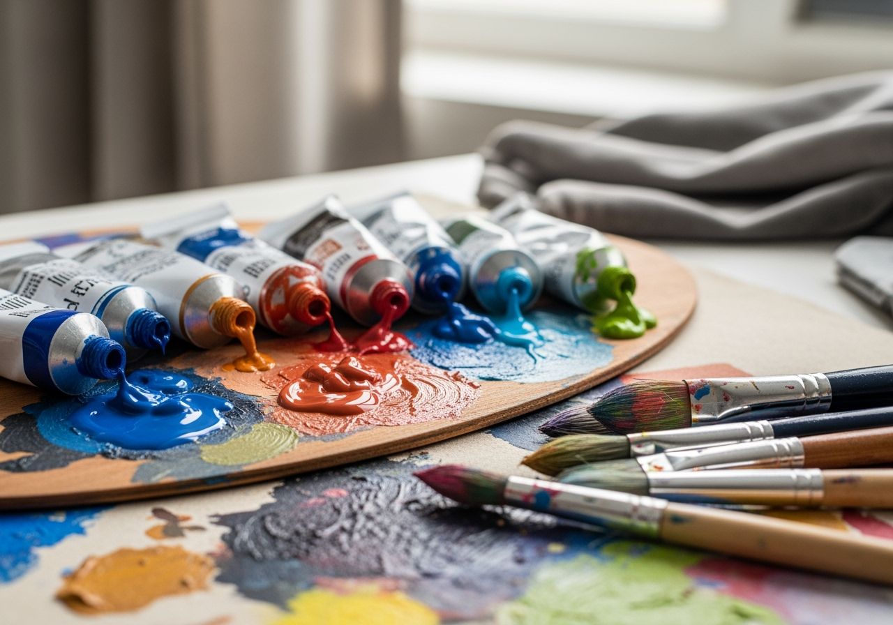 Moderné umelecké pracovisko s farbami, štetcami a paletou v prírodnom svetle v minimalistickom štúdiu.