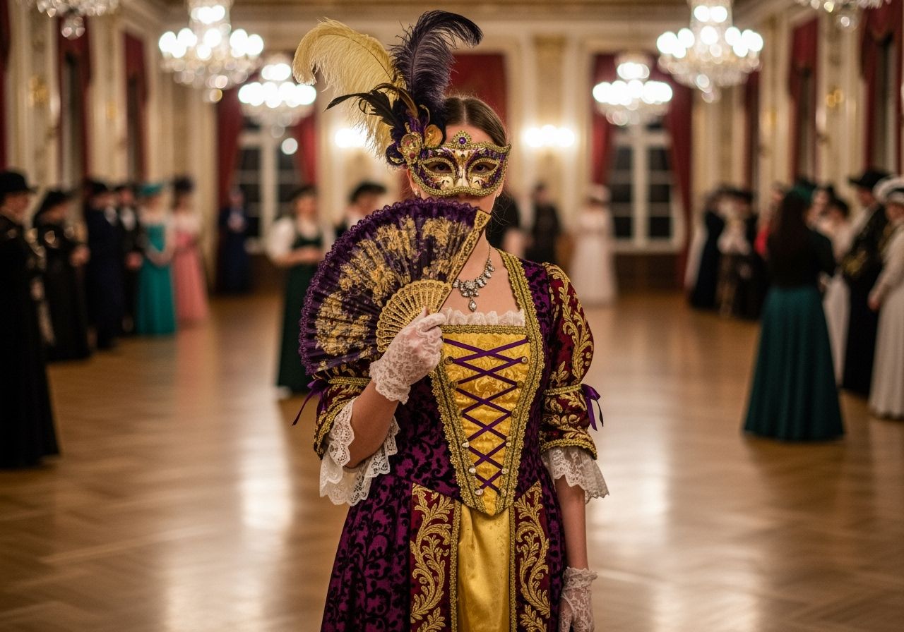 Mladá žena v benátskom karnevalovom kostýme s maskou a vejárom v slávnostnej sále.