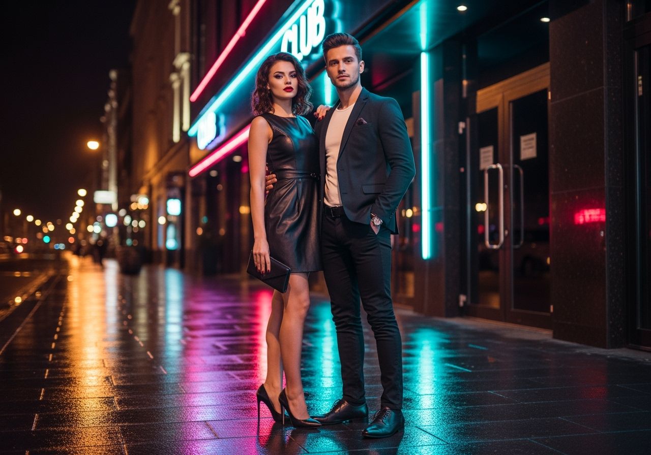 Mladý muž a žena v nočných klubových outfitoch stojaci pri neónových svetlách na mokrej ulici.