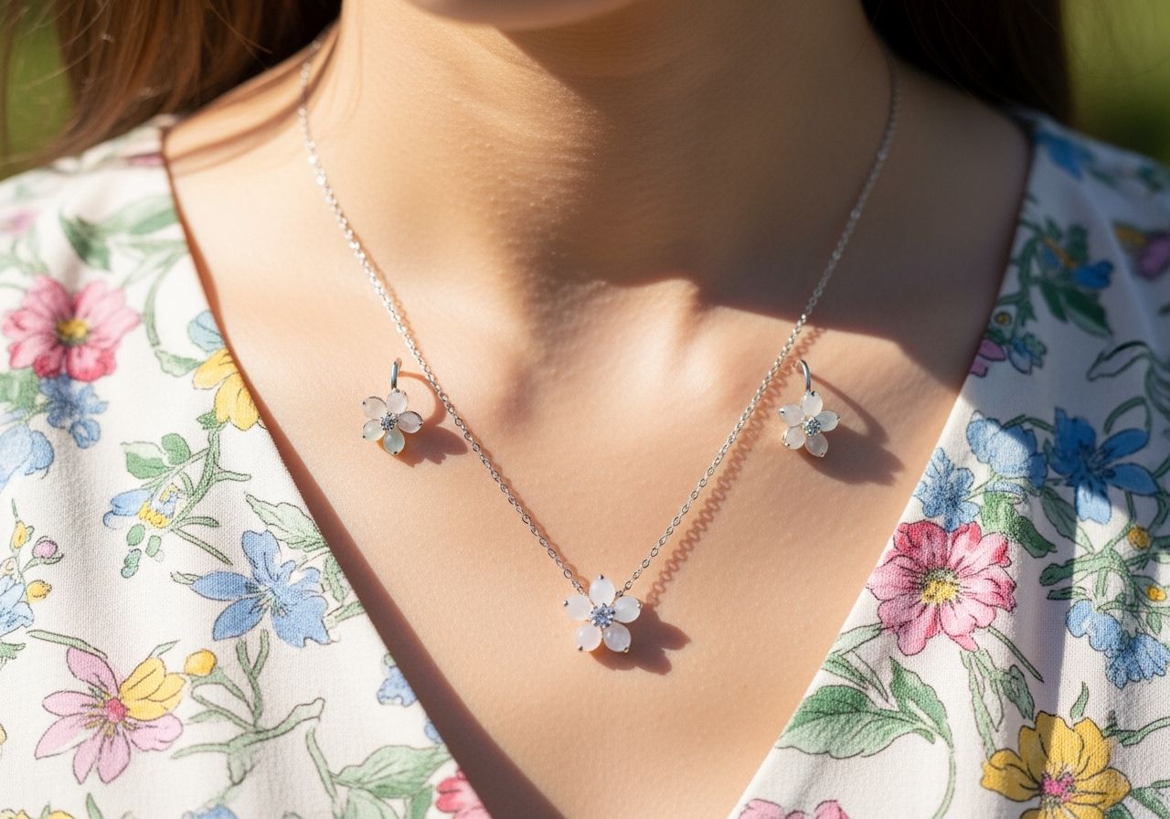 Detail svetlých kvetinových šiat s jemnými striebornými náušnicami a náhrdelníkom s pastelovými kameňmi.