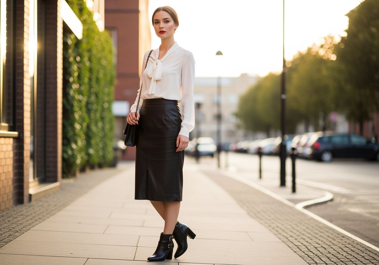 Mladá žena na ulici v koženej sukni a bielej blúzke počas zlatej hodiny.