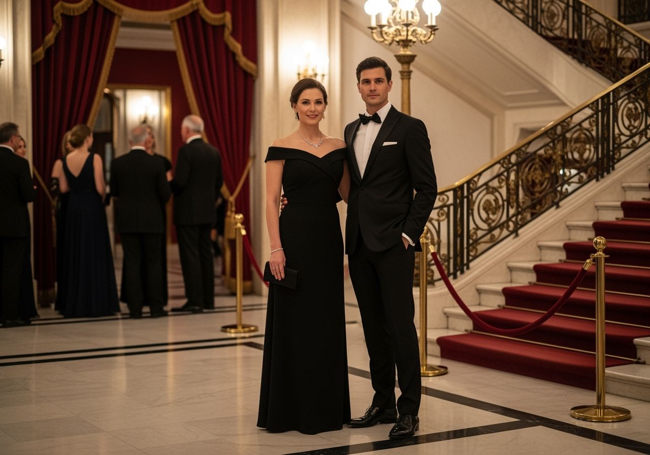 Pár v elegantnom oblečení stojí pri schodoch v divadelnom lóži s ďalšími hosťami na pozadí.