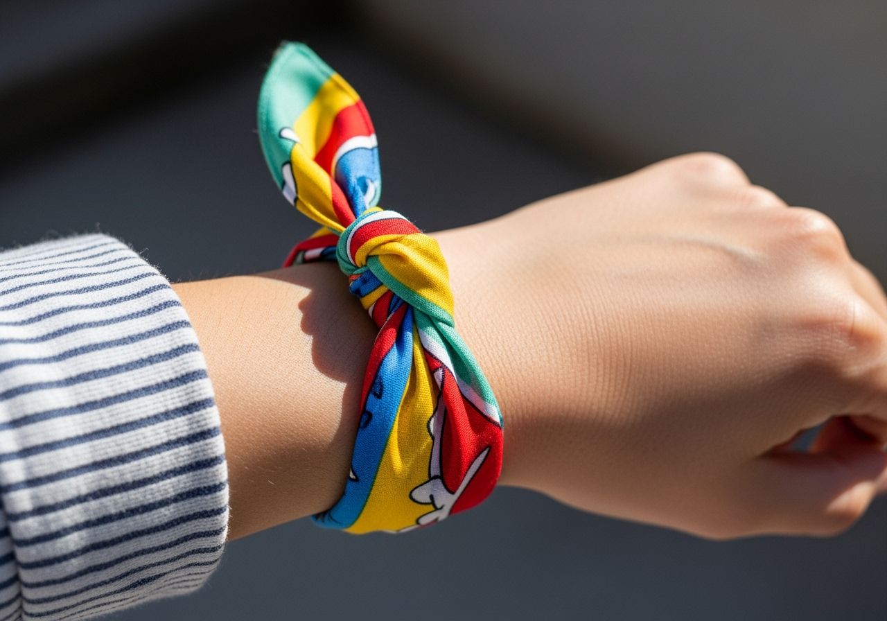 Detailn hľad na zápästie s farebnou šatkou zviazanou v uzle, prirodzené svetlo, rozmazané pozadie