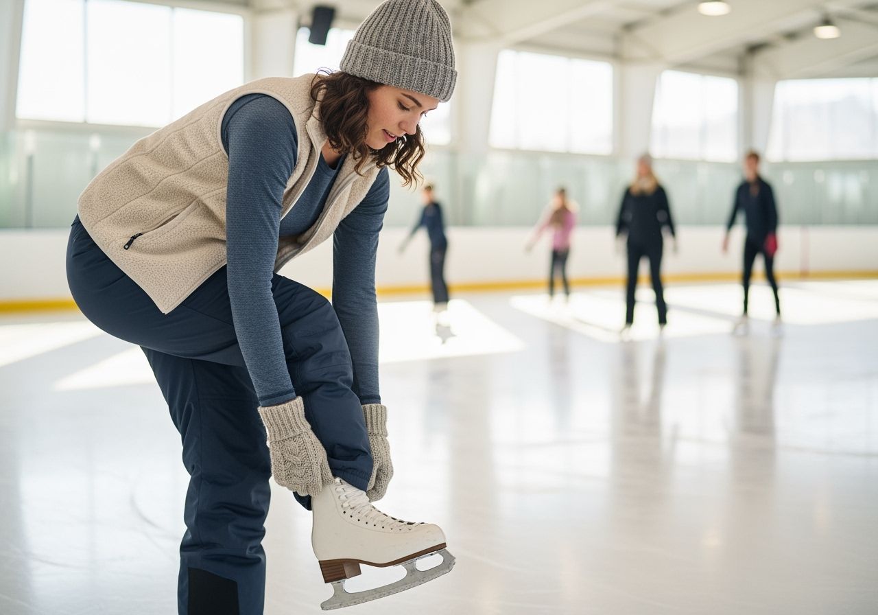 Mladá žena si viaže krasokorčuliarske korčule v zime na ľadovej ploche s ďalšími korčuliarmi v pozadí