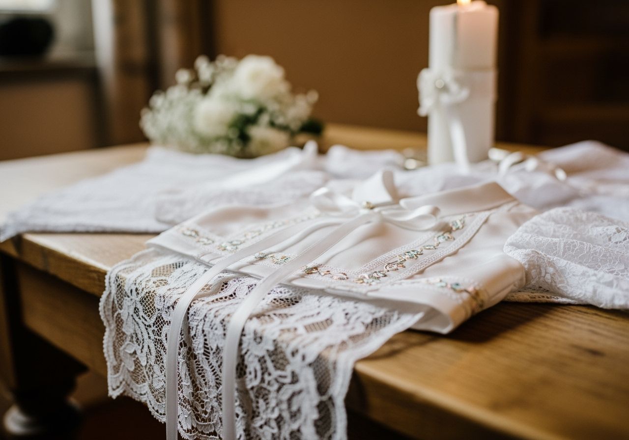 Tradičný krstný odev s čipkou, krstná svieca a biele kvety na drevenom stole v dome.