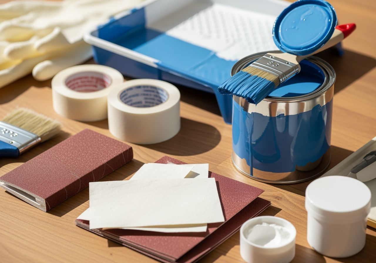 Detail maľovacích nástrojov na drevenej doske, otvorená modrá farba, štetec, obrúsky a rukavice.