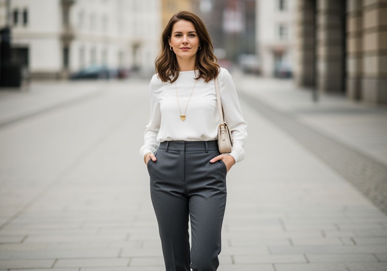 Mladá žena nosí klasické švédske nohavice s vysokým pásom a bielu blúzku v mestskom prostredí.