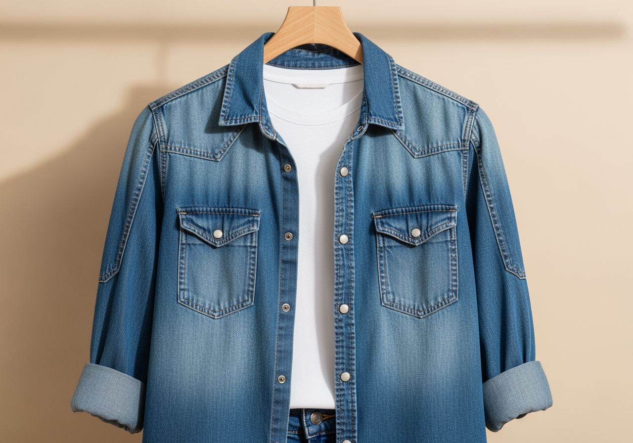 Fotorealistická modrá denimová košeľa na drevenom vešiaku s bielym tričkom a modrými rifľami.