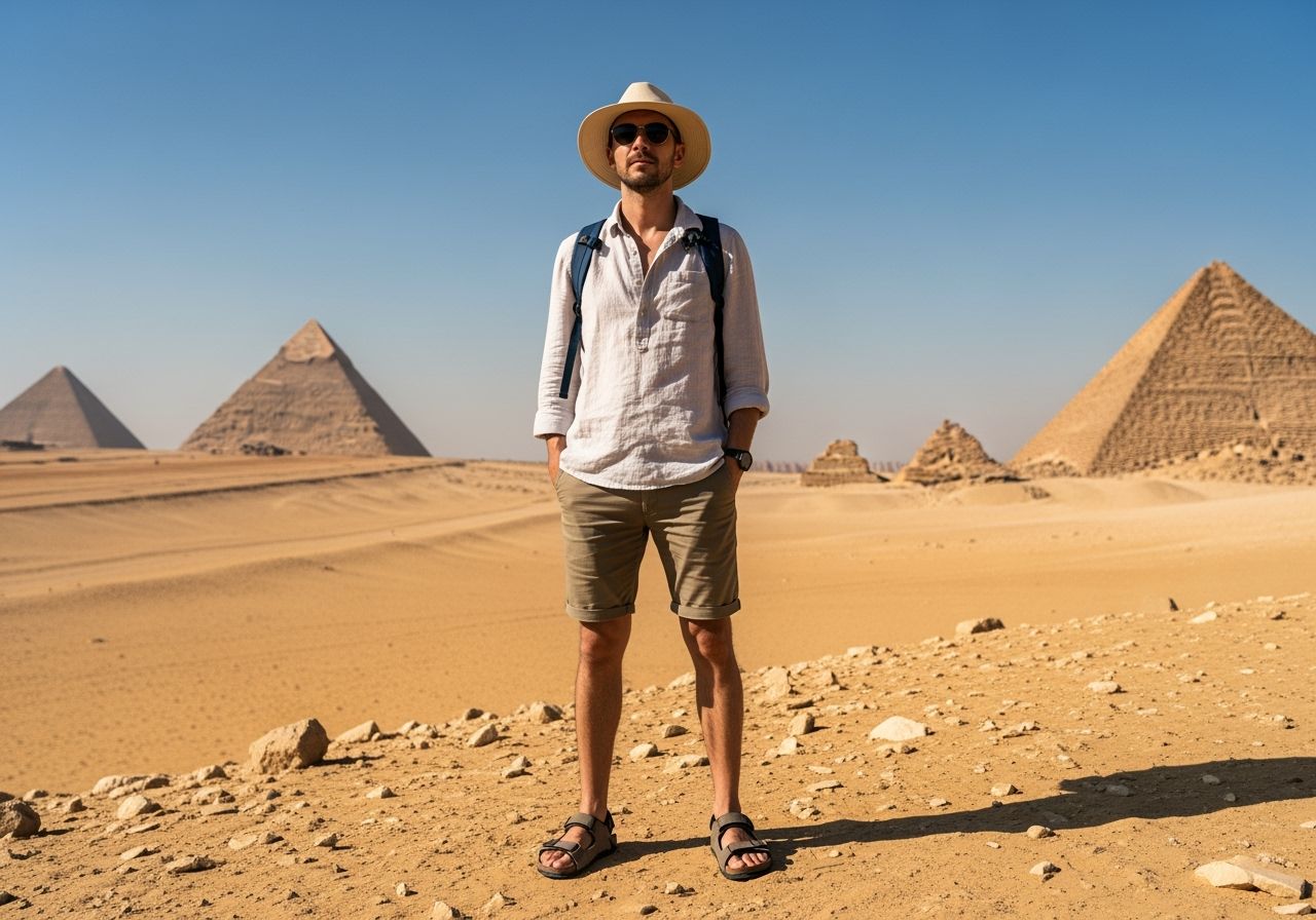 Cestovateľ v ľahkom oblečení pri pyramídach v egyptských púšťach pod jasnou modrou oblohou