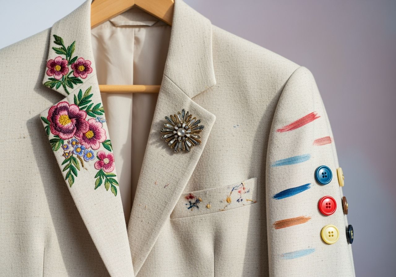 Štýlové sako s vyšívanými kvetmi, brošňou a farebnými nášivkami na drevenom vešiaku.