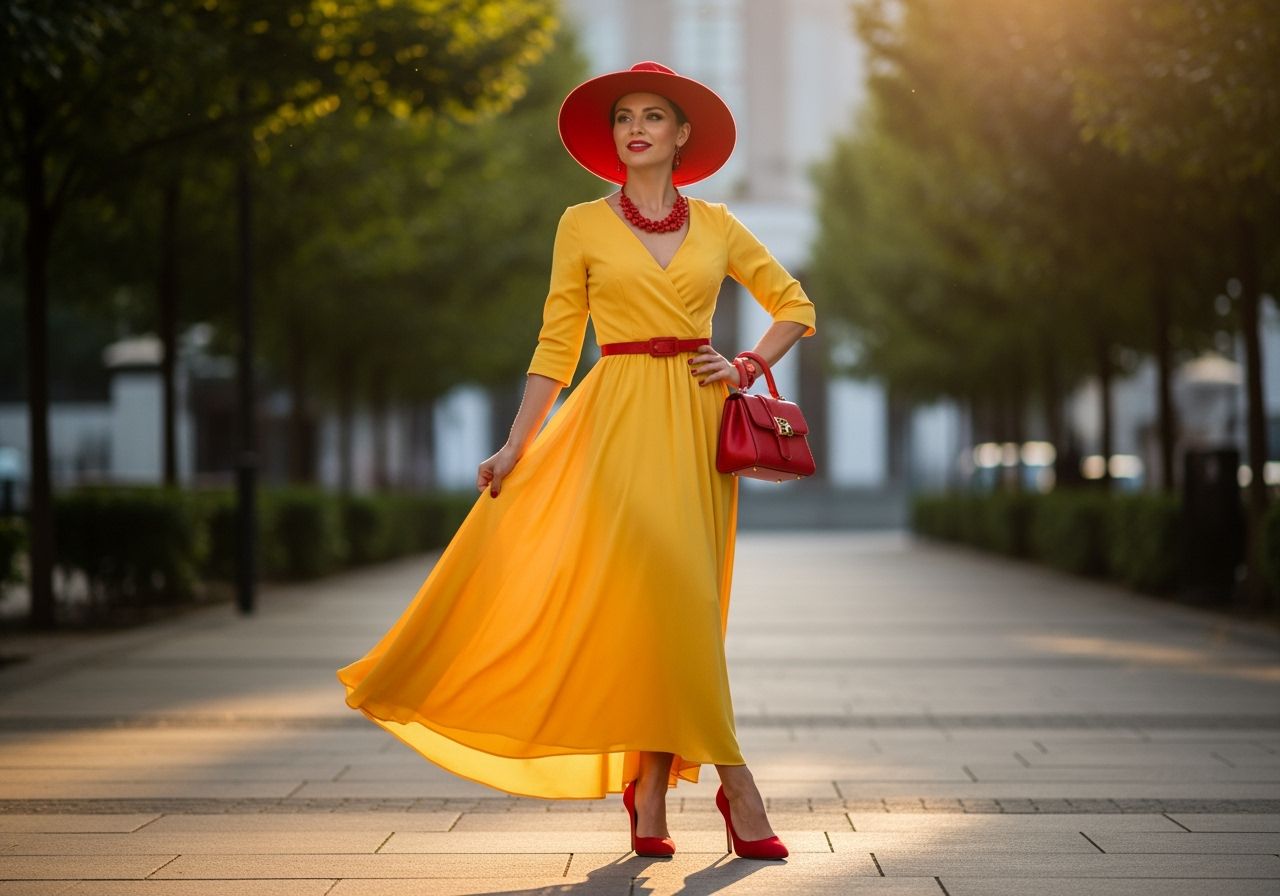 Žena v žltých šatách s červenými doplnkami stojaca v mestskom prostredí počas zlatej hodiny