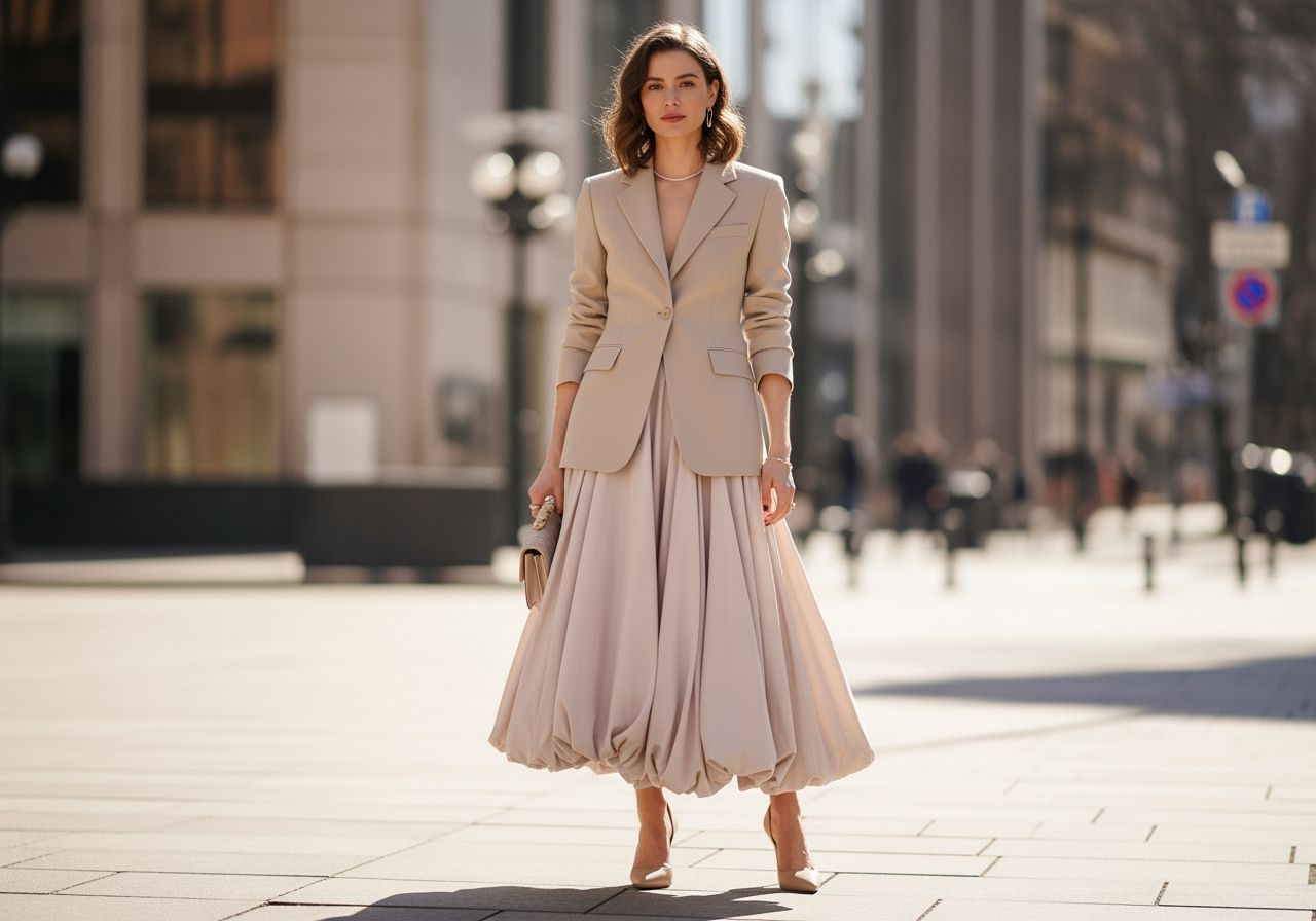 Žena v béžovom blejzri a pastelovej sukni v mestskom prostredí so šperkami a vysokými opätkami.