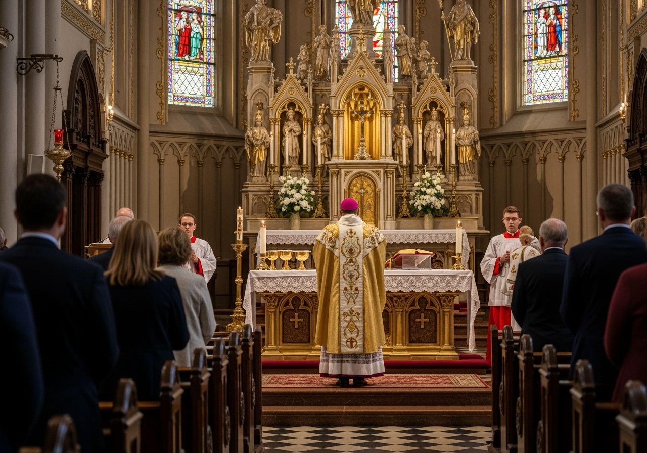 Tradičná katolícka omša s kňazom v zlatých rúchach pri oltári v historickom kostole.