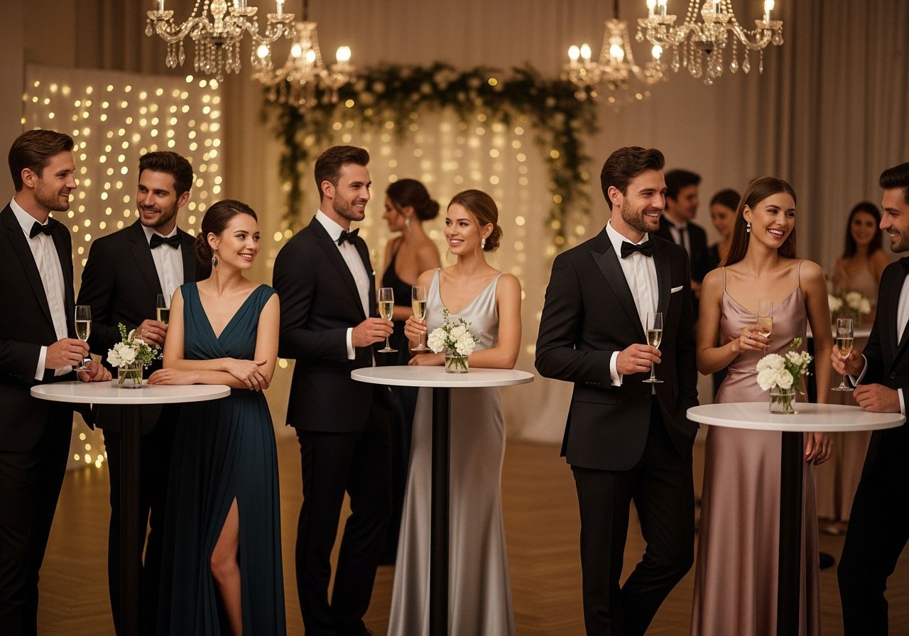 Elegantná svadobná afterparty s hosťami v spoločenskom oblečení pri stolíkoch so šampanským vo vyzdobenom interiéri