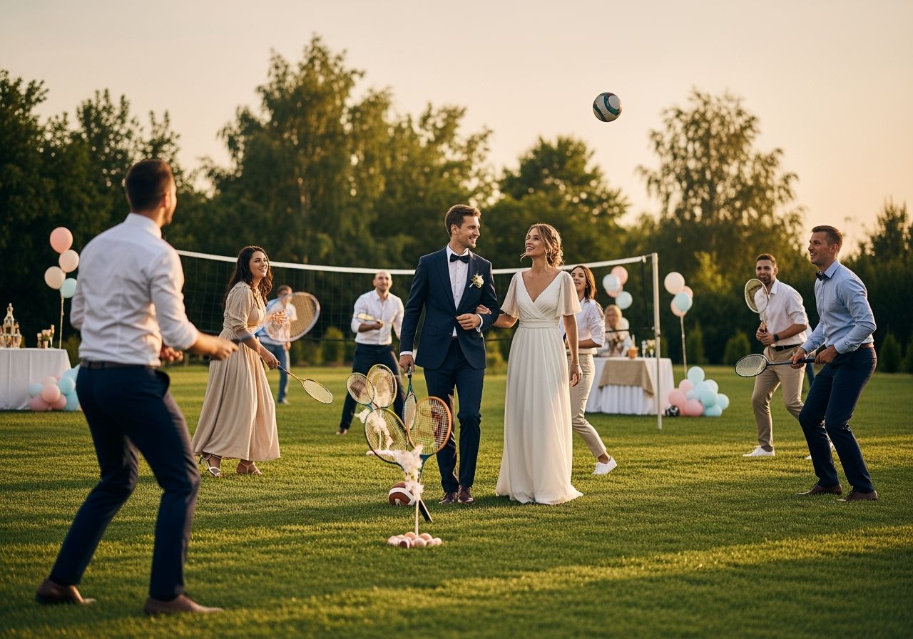 Ženích a nevesta na športovo ladenej svadbe s hosťami hrajúcimi badminton a volejbal na zelenej tráve.