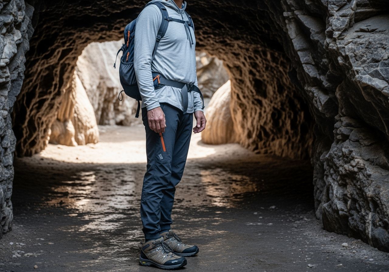 Osoba v turistickom oblečení stojí pri vstupe do solnej jaskyne s prírodným svetlom a soľnými formáciami.