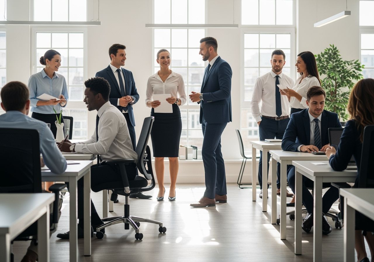 Moderné kancelárske priestory s rôznorodými profesionálmi pracujúcimi a komunikujúcimi pri stole.