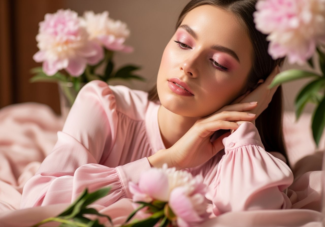 Mladá žena v ružovej hodvábnej blúzke medzi pivoňkami s jemným líčením a prírodným svetlom.