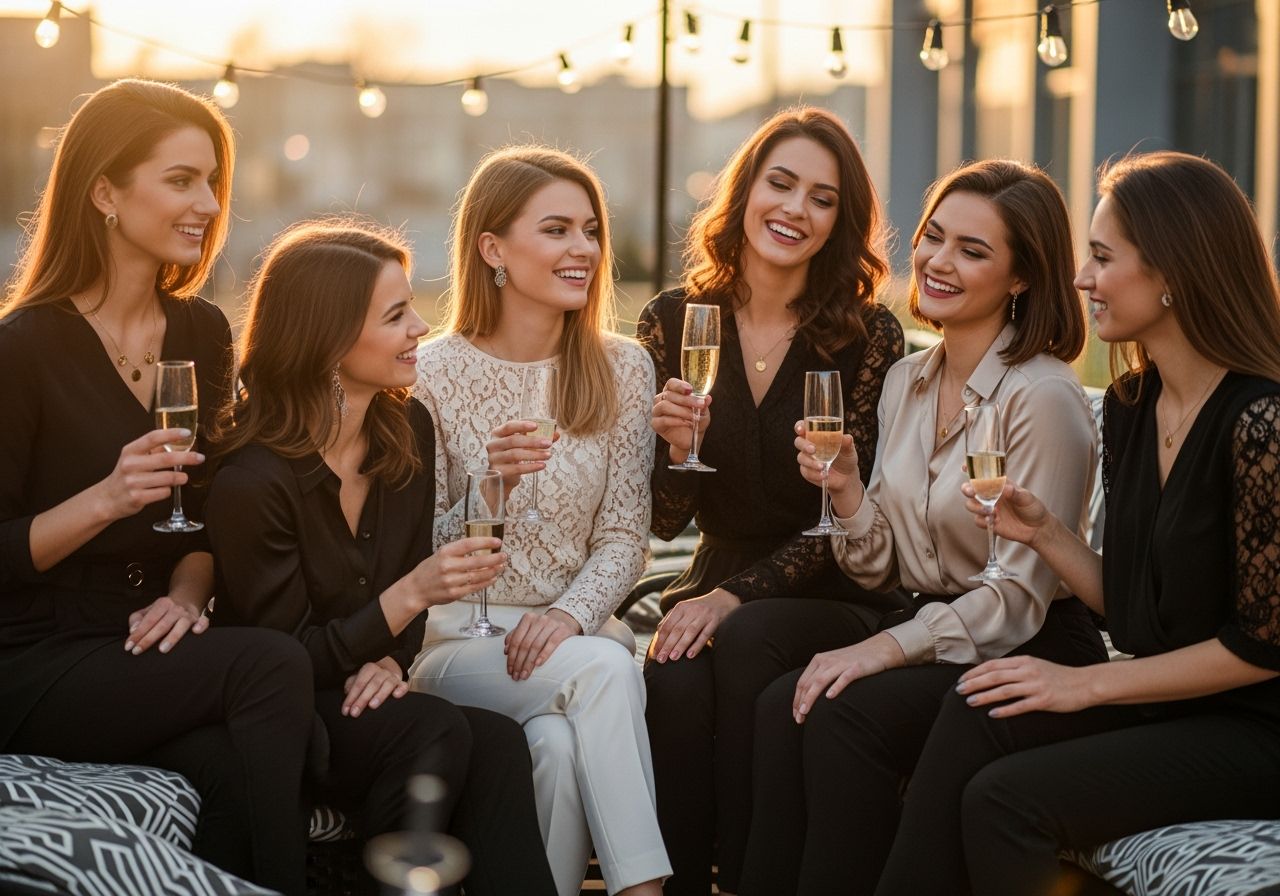 Skupina mladých žien na rozlúčke so slobodou pri šampanskom v mestskom prostredí počas zlatej hodiny
