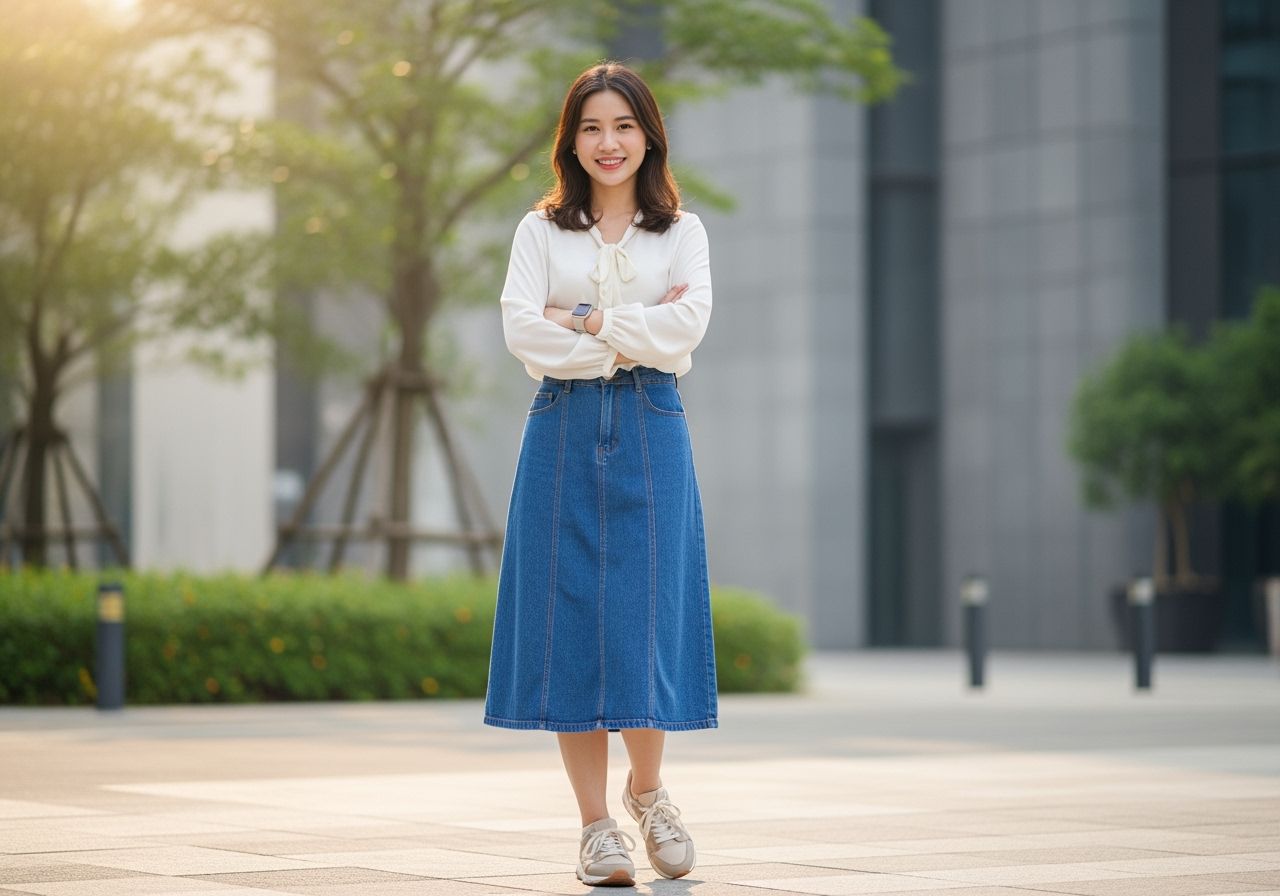 Mladá žena v džínsovej sukni a bielej blúzke stojaca v mestskom prostredí so zeleňou.