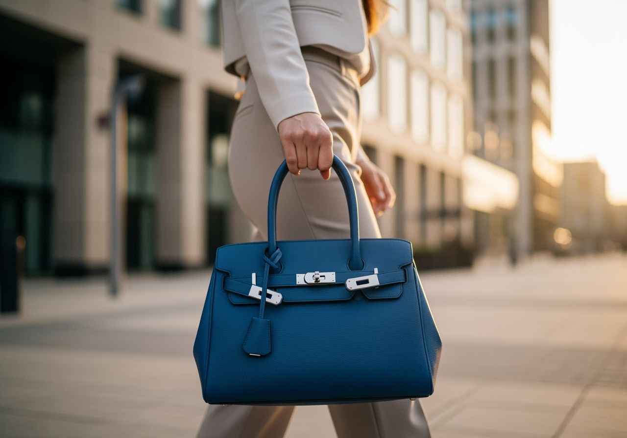 Žena s modrou kabelkou kráča po meste počas zlatého hodiny, moderná urbanistická scéna v pozadí