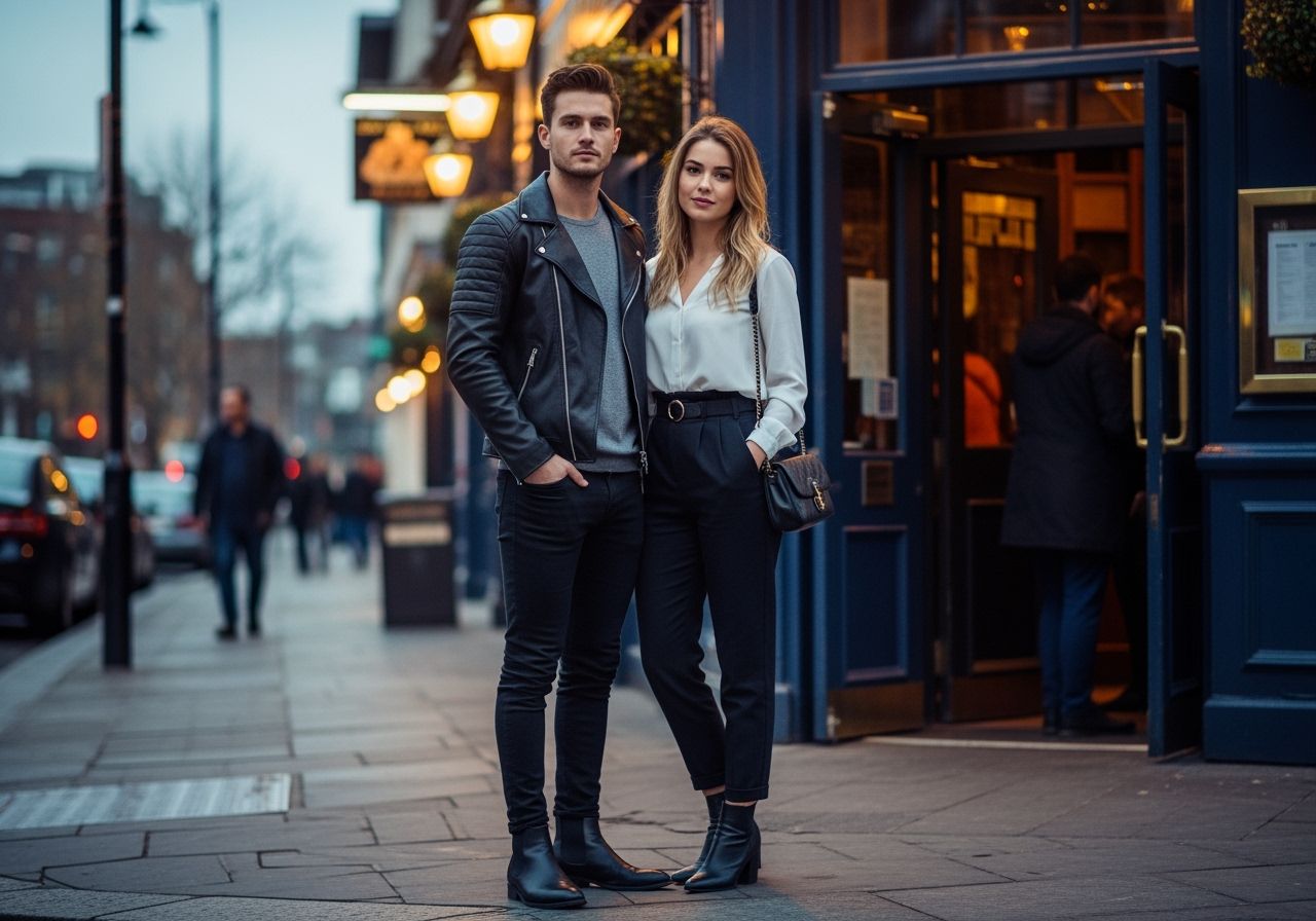 Mladý muž a žena stojaci pred vstupom do puba večer v štýlovom oblečení, uvoľnení a usmiati.