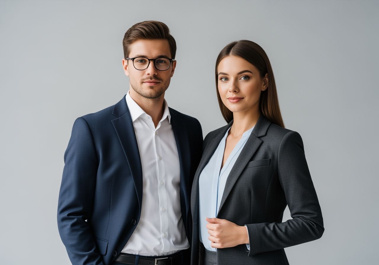 Mladý muž a žena v podnikateľskom odeve stojaci pred sivým pozadím, profesionálny výraz tváre.