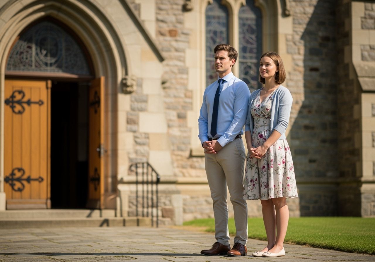 Mladý pár v slušnom oblečení stojí pred tradičným kostolom v slnečné nedeľné ráno.
