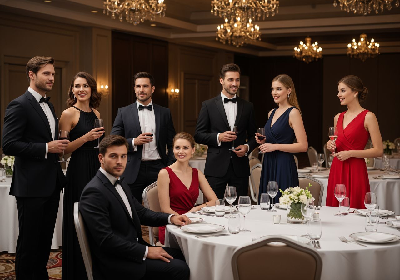Firemná recepcia s ľuďmi v elegantnom oblečení v banketovej sále s okrúhlymi stolmi a lustrami.
