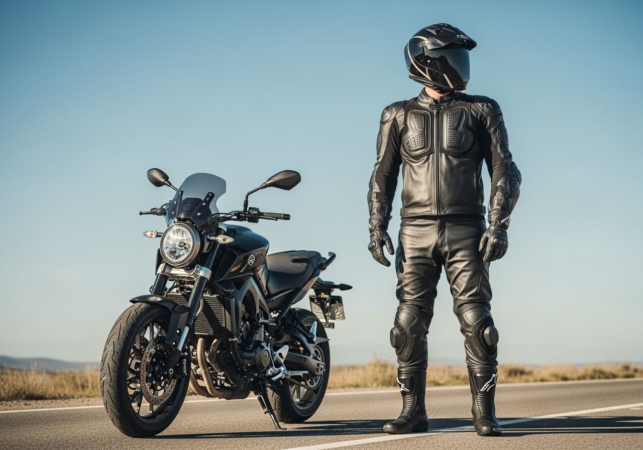 Motocyklista v ochrannom oblečení stojí vedľa modernej motorky na slnečnej ceste pod modrou oblohou.