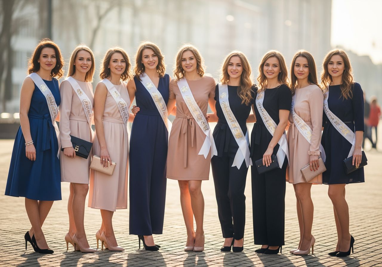 Skupina mladých žien na rozlúčke so slobodou v módnych outfitoch, usmievajú sa na mestskom pozadí.