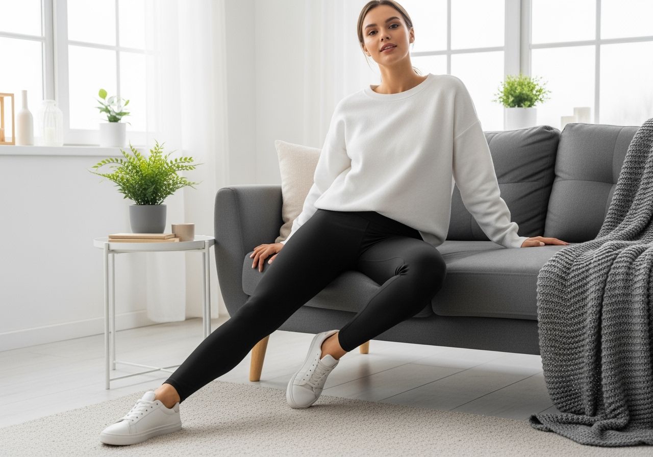Mladá žena v čiernych legínach a bielom svetri sedí na pohovke v moderne zariadenej obývačke.