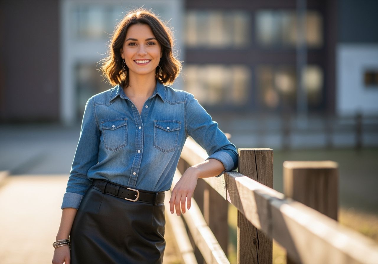 Mladá žena v džínsovej košeli a koženej sukni opretá o drevený plot v mestskom prostredí.