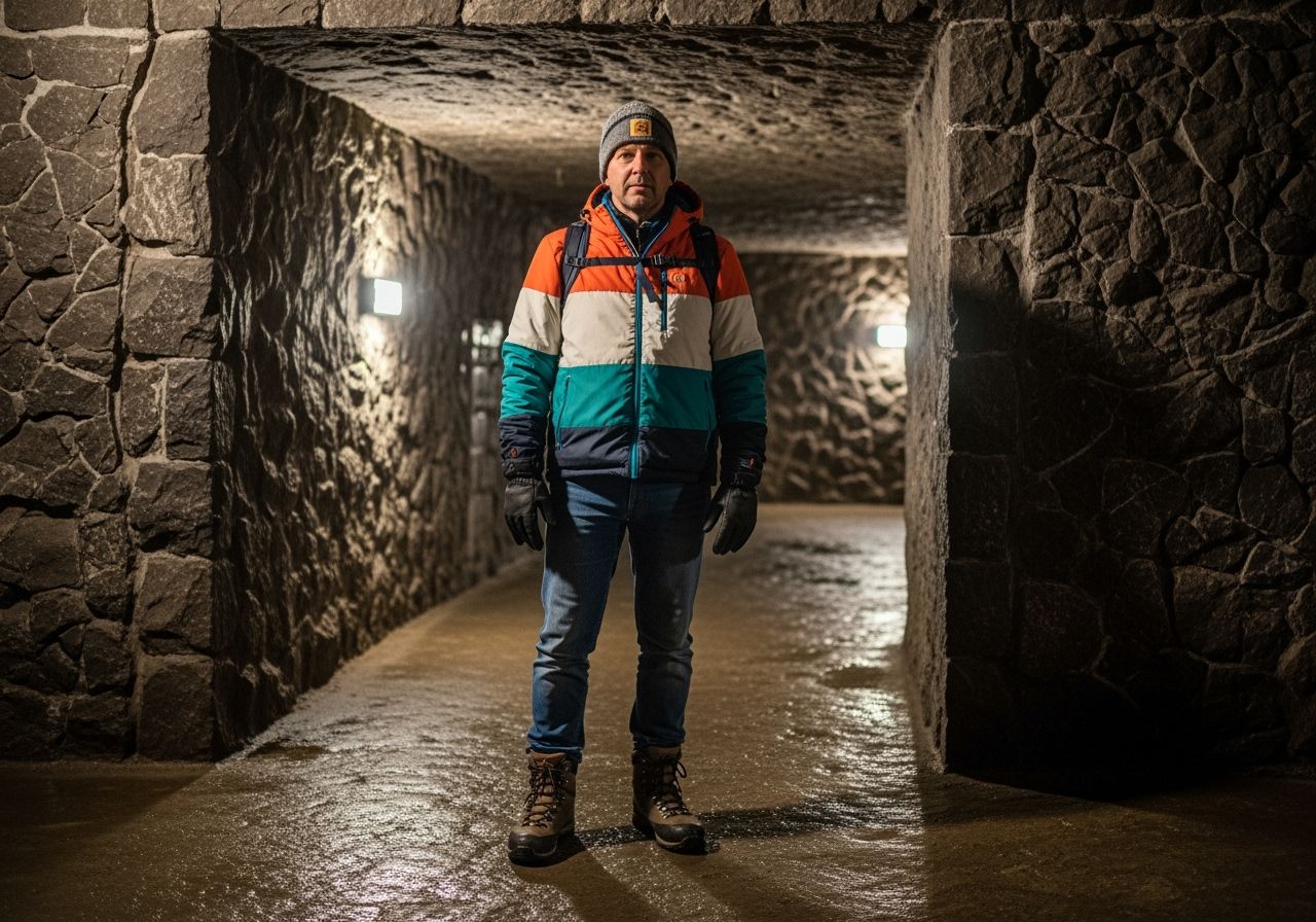 Turista v teplej bunde a šiltovke stojí vo vstupe do solnej bane Wieliczka s viditeľnými soľnými stenami